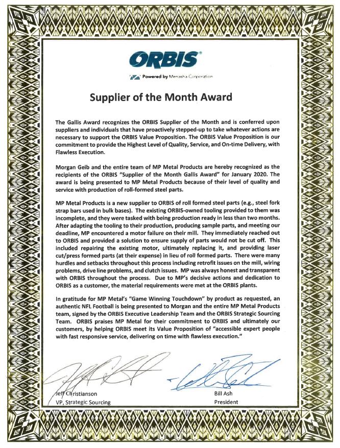 ORBIS Award 2020 - MP Metals