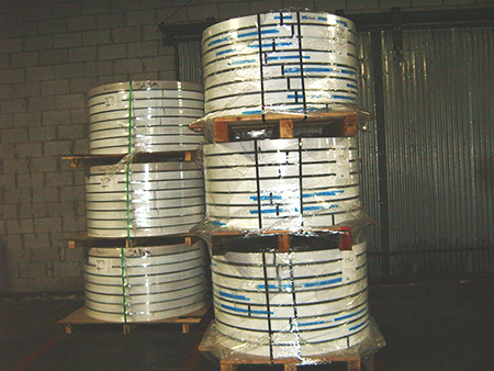 A coil of pre-painted aluminum